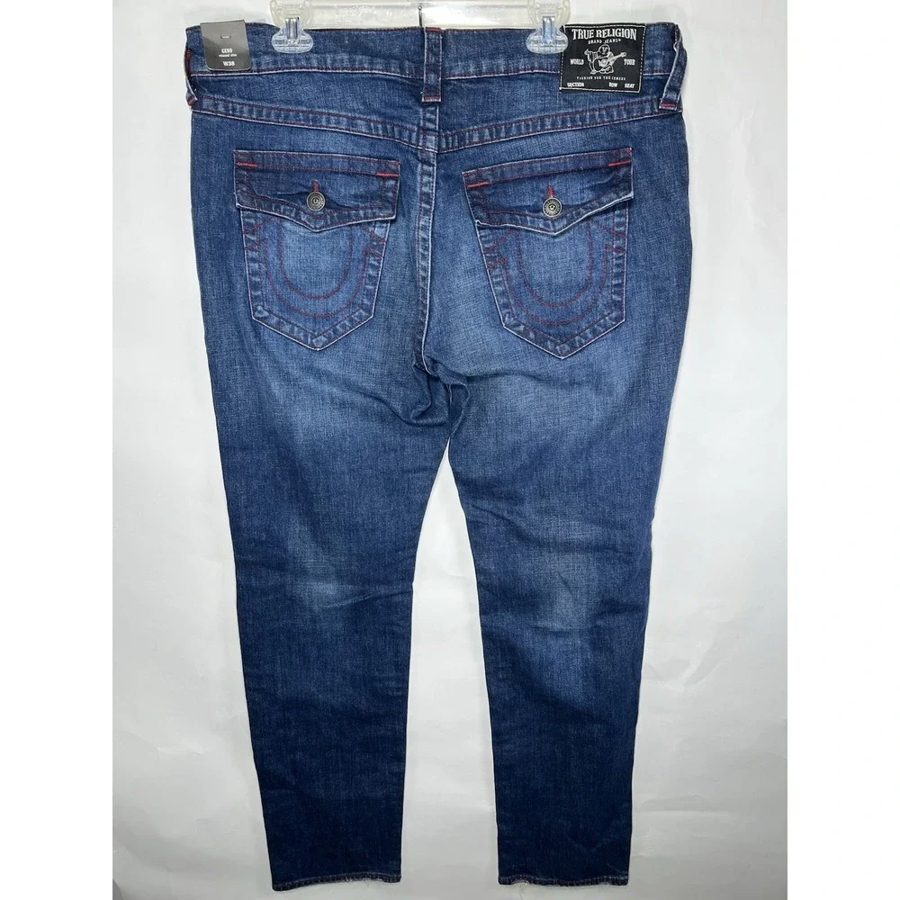 True Religion NWT Geno Relaxed Slim Jeans Men's 38 Distressed‎ Medium Wash Flap